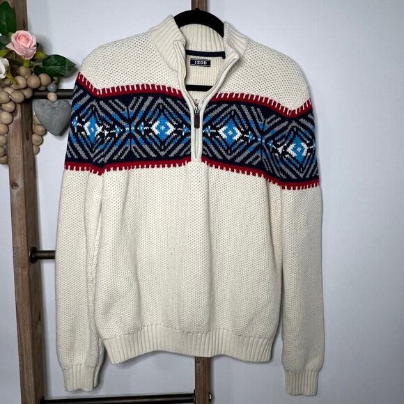 Izod Mens Long Sleeve 1/4 Zip Cream Sweater Size Large - Picture 1 of 8